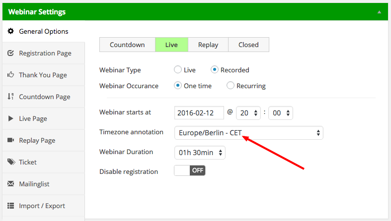WP WebinarSystem - Timezone settings arrow