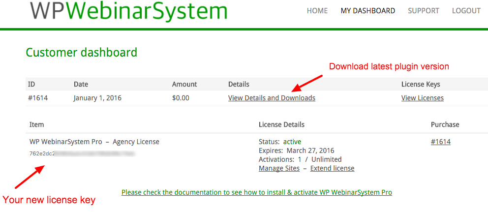 WP WebinarSystem dashboard - license key and download link